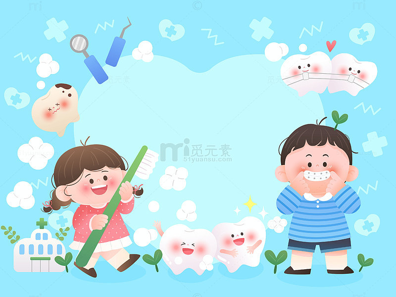 关注儿童牙齿健康护理清洁健康成长医疗插画