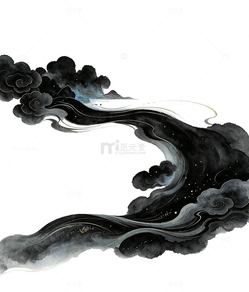 黑色水墨风云雾缭绕山水意境设计素材