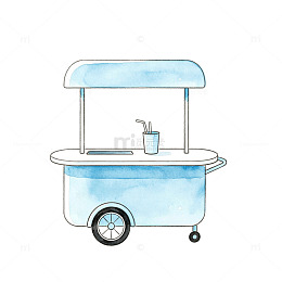 水彩风蓝色饮品推车手绘插画素材