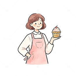 手绘风烘焙女孩手持纸杯蛋糕插画素材