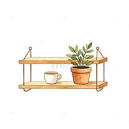 水彩风悬挂木架绿植咖啡杯设计素材