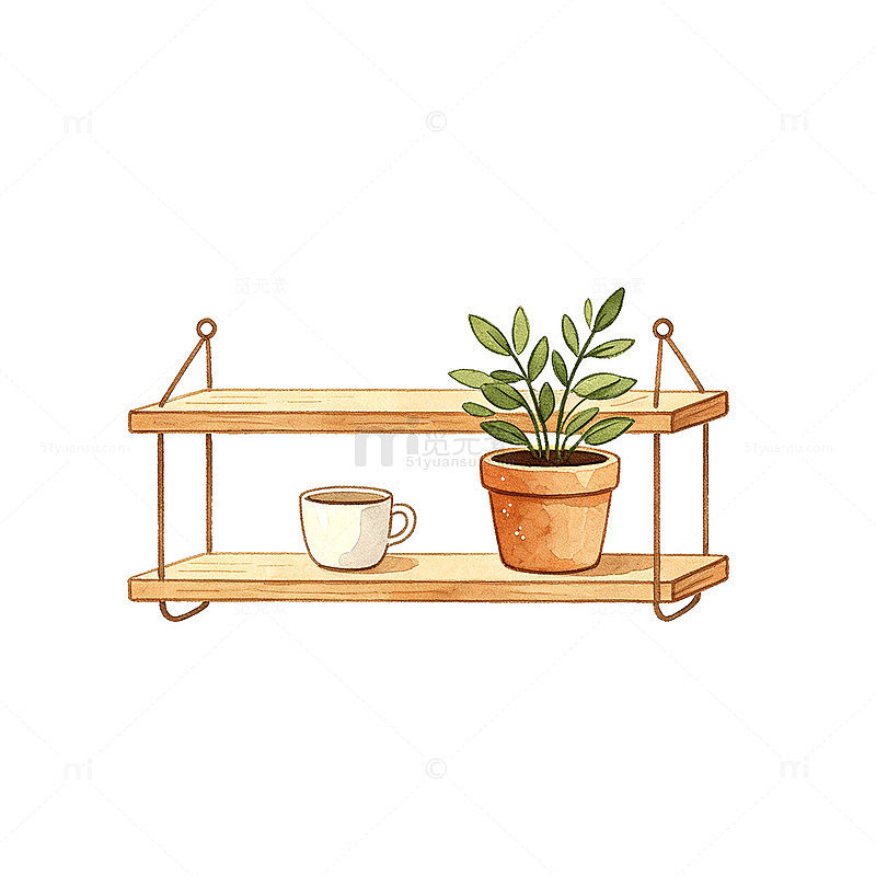 水彩风悬挂木架绿植咖啡杯设计素材