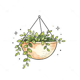 手绘风悬挂绿植盆栽插画设计素材