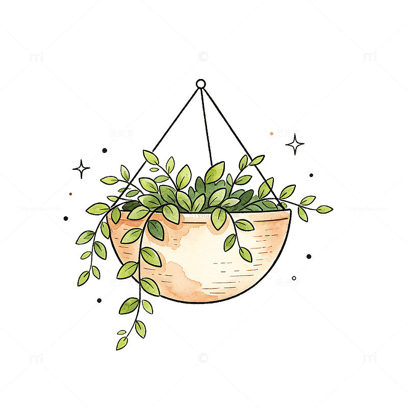 手绘风悬挂绿植盆栽插画设计素材