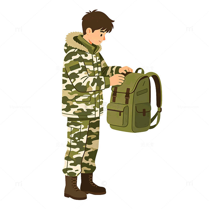 卡通风军旅迷彩服人物背包插画设计素材