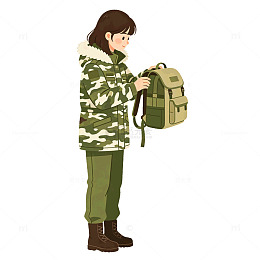 插画风户外迷彩服女孩背包设计素材