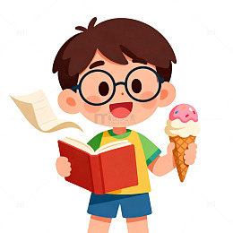 卡通风男孩读书吃冰淇淋插画素材