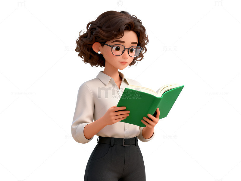 卡通风女性阅读绿色书籍插画素材