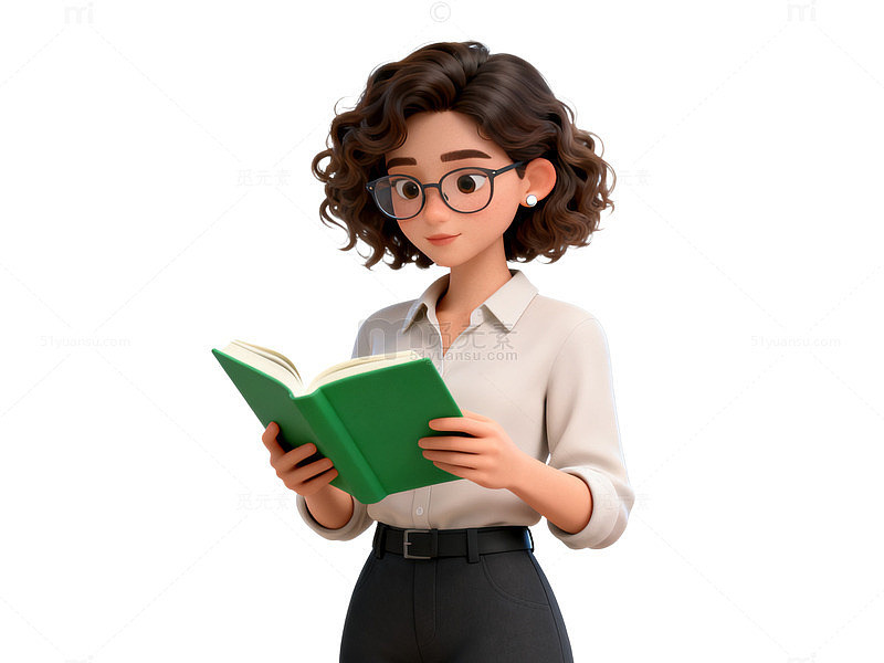 卡通风女孩阅读绿色书籍插画素材
