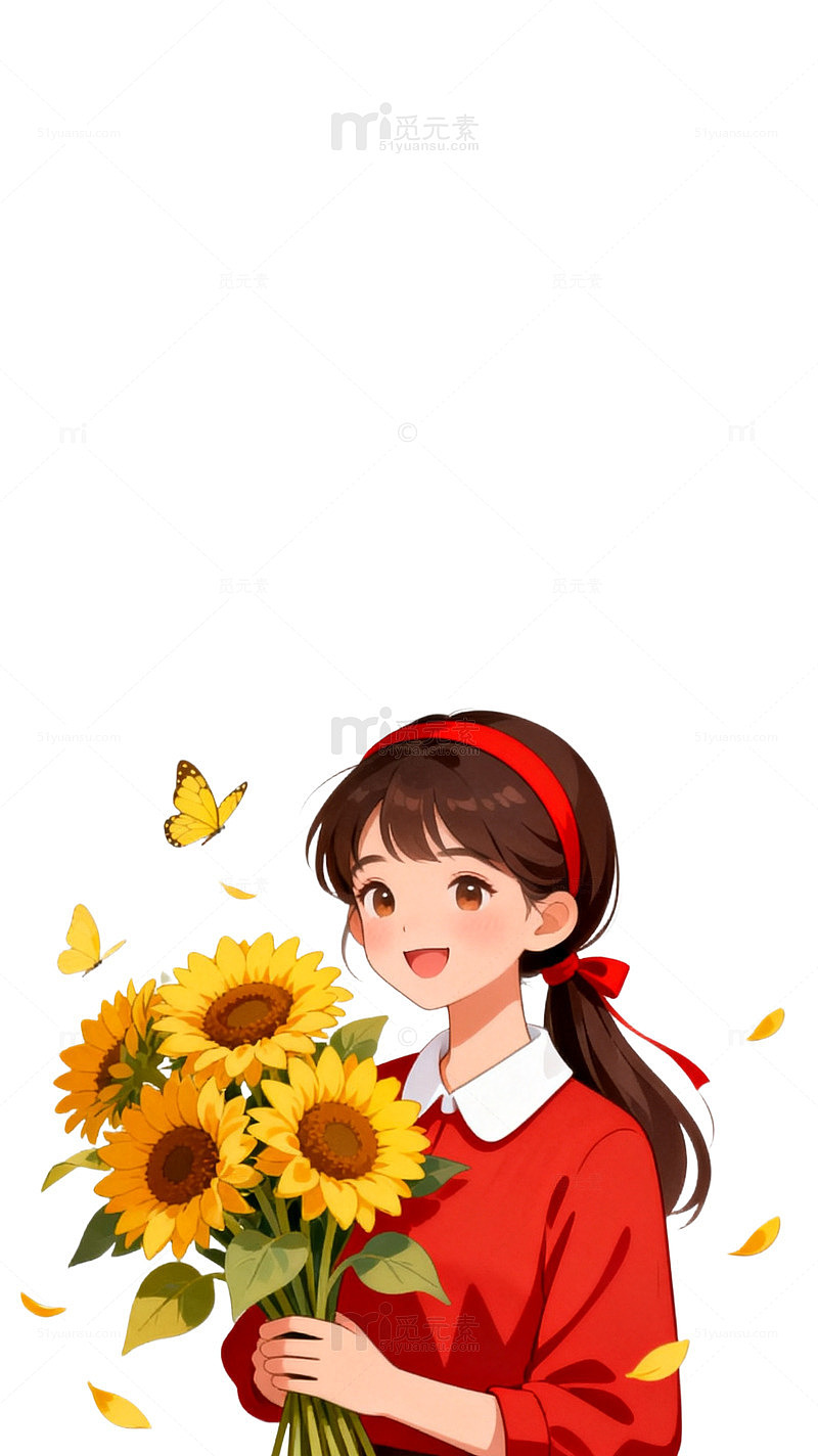 插画风少女向日葵蝴蝶设计素材