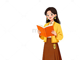 卡通风女孩阅读书籍插画设计素材