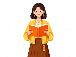 卡通风读书女孩手绘插画设计素材
