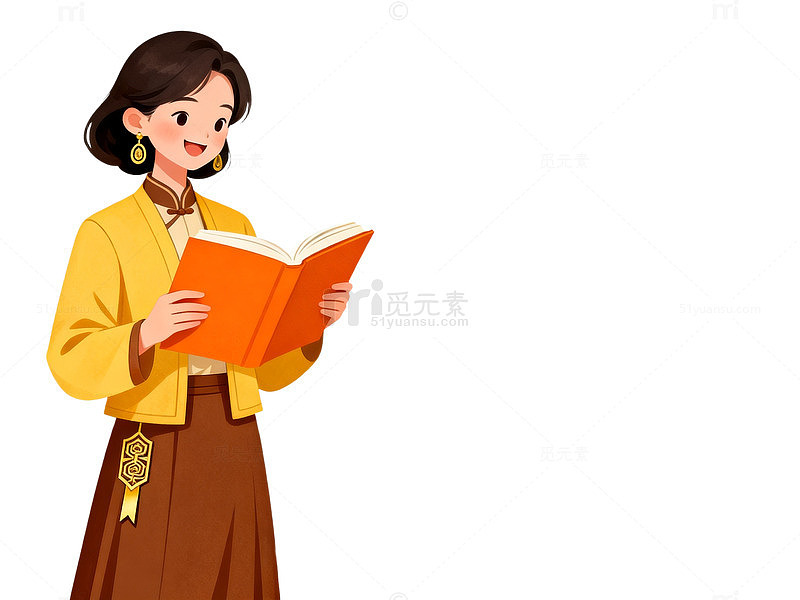 卡通风女孩阅读书籍插画设计素材