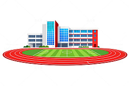卡通风学校建筑操场设计素材