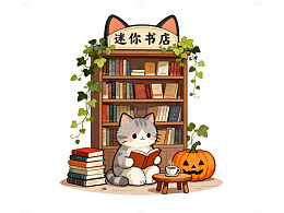 卡通风猫咪读书屋手绘插画设计素材