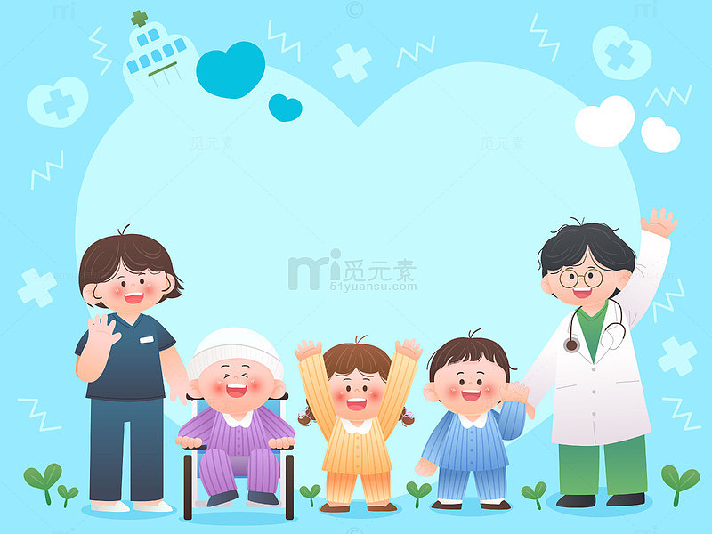 儿童医疗护理医生护士治疗痊愈健康成长插画