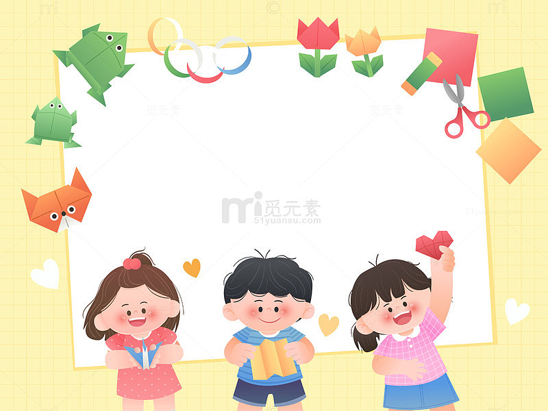 手工课折纸彩色狐狸青蛙花朵儿童教育插画