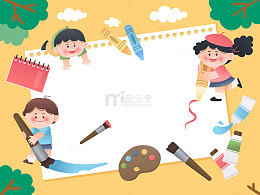 美术课孩子画笔画画调色盘蜡笔儿童教育插画