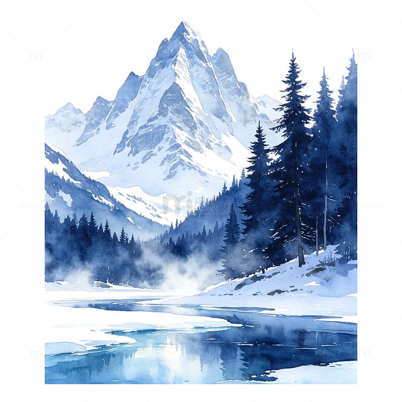清蓝水彩绘就寒林雪山冰河