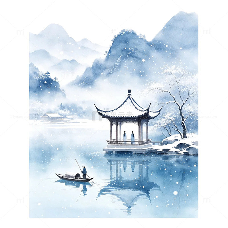 寒雪落满湖亭孤舟静渡水墨山川