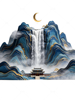 层蓝鎏金山峦飞瀑古殿映弯月