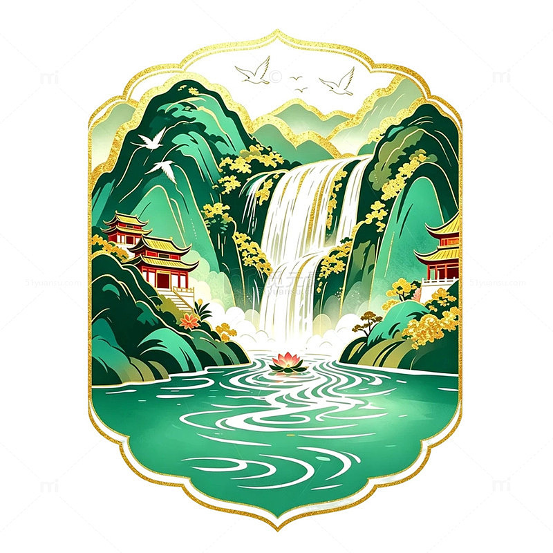 鎏金框景山水古亭伴瀑莲映清波