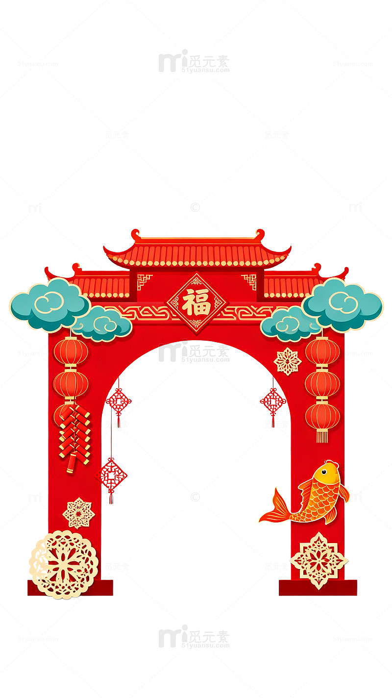 扁平风春节门楼装饰设计素材