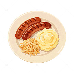 卡通风香肠配土豆泥美食插画素材