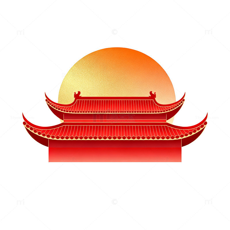 矢量风中国传统建筑红日背景设计素材
