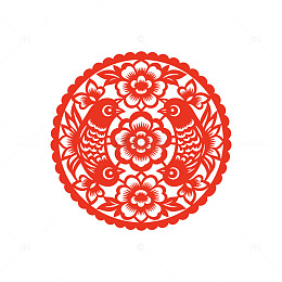 剪纸风双鱼花卉圆形图案设计素材