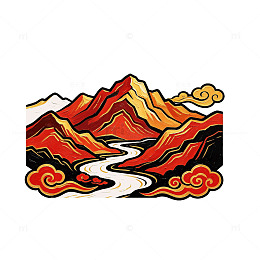 剪纸风山水画卷纹样设计素材