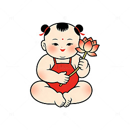 卡通风年画娃娃童子持花坐姿插画设计素材