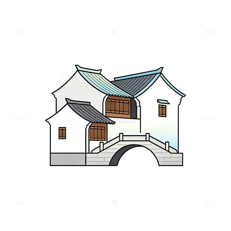 简笔画江南水乡古建筑插画素材