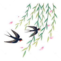 水彩风燕子柳枝春日插画设计素材