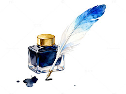 水彩风羽毛笔墨水瓶插画设计素材