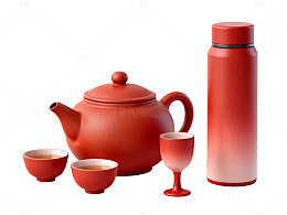 极简风红色茶具套装设计素材