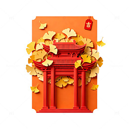 剪纸风中式门楼秋叶装饰设计素材
