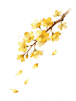水彩风金色樱花枝手绘插画素材