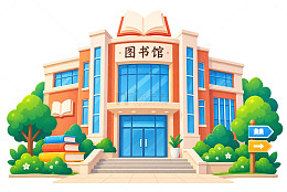 卡通风图书馆建筑插画设计素材