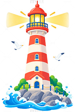 卡通风格灯塔海洋风景插画素材