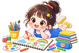 卡通风小女孩画画学习设计素材