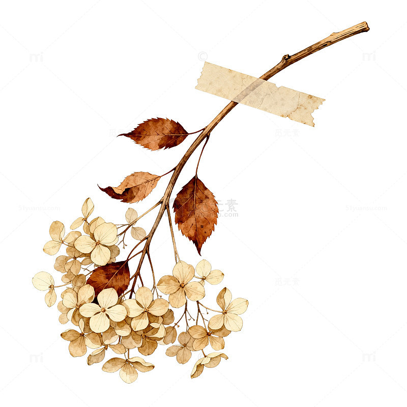 水彩风干枯枝叶花卉插画设计素材