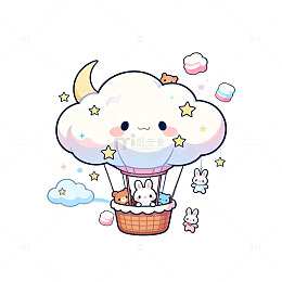 卡通风云朵热气球可爱兔子设计素材