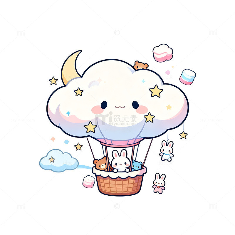 卡通风云朵热气球可爱兔子设计素材