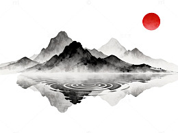 水墨风山水倒影日出设计素材