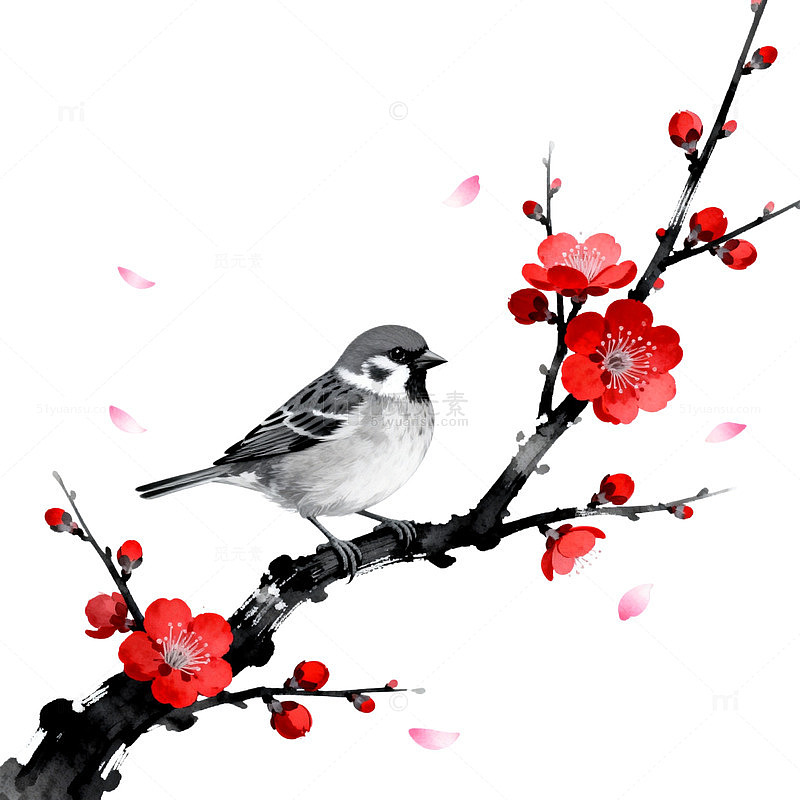 水墨风梅花小鸟插画设计素材