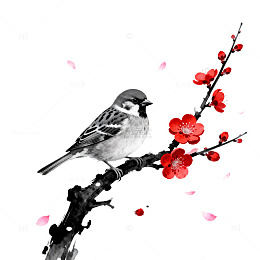 水墨风梅花小鸟手绘插画设计素材