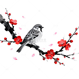 水墨风梅花小鸟枝头插画设计素材