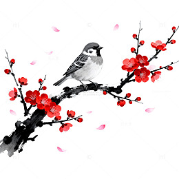 水墨风梅花小鸟手绘插画设计素材