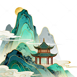 国风山水亭台手绘插画设计素材